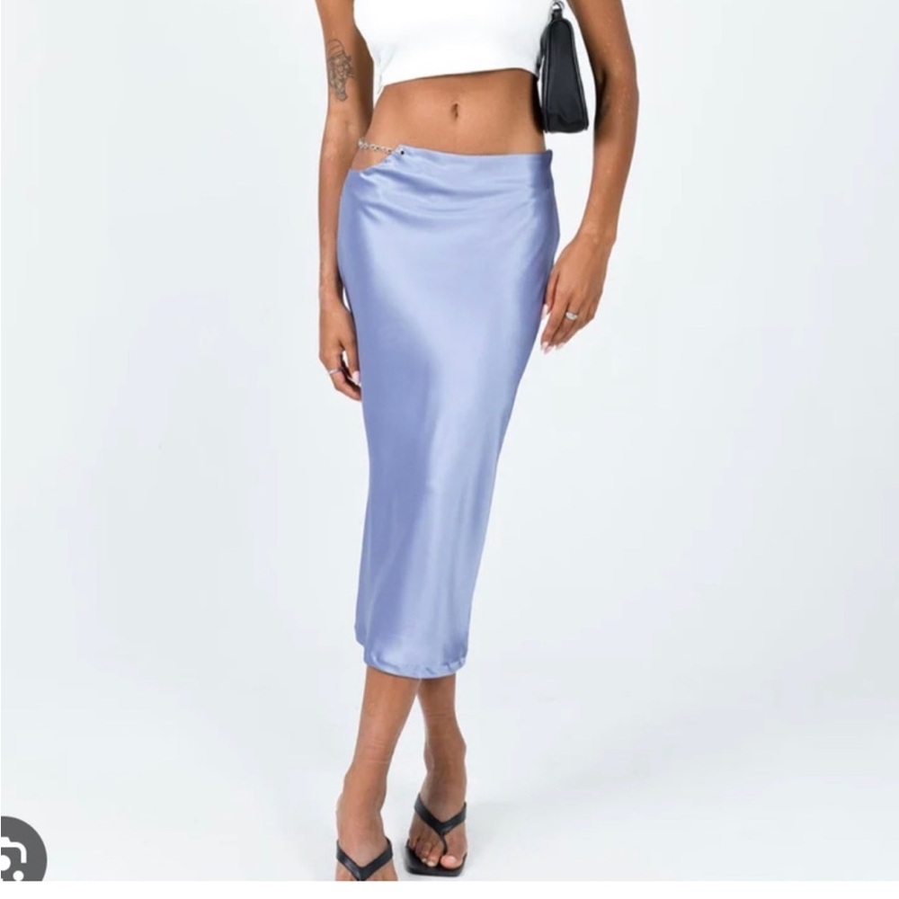 Striped Lioness Navy Satin Midi Skirt with Chain Detail